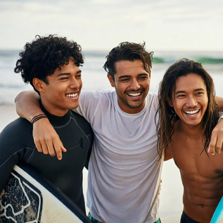 Portrait of three friends with surfboards on the beach smiling.の素材