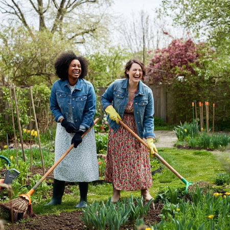Portrait of two african american women working in the gardenの素材