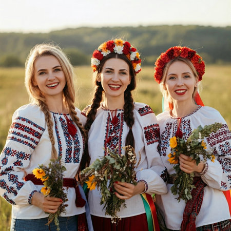Three beautiful young women in Ukrainian national clothes with bouquets of flowers in the fieldの素材