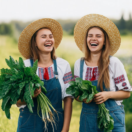 Two happy women in straw hats and overalls holding bunch of green spinach in fieldの素材