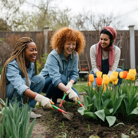 Group of african american women planting tulips together in the gardenの素材