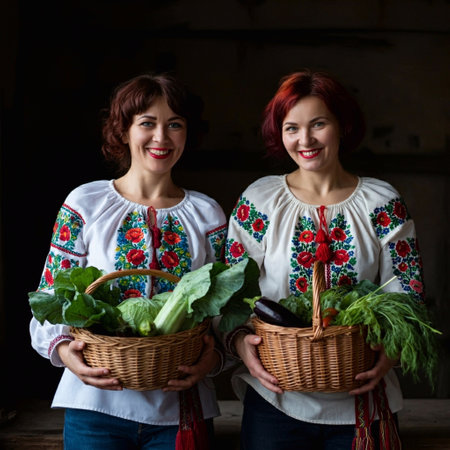 Two women in Ukrainian national clothes with a basket of fresh vegetables.の素材