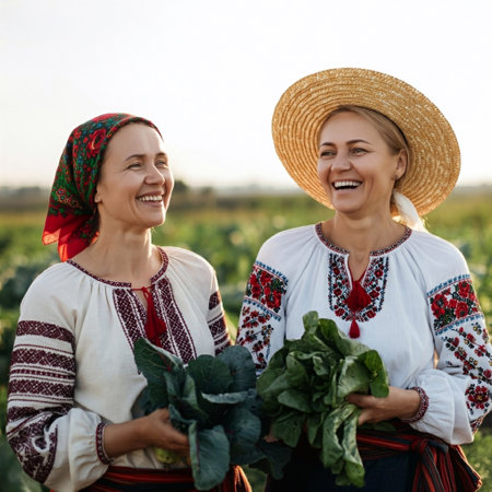 Two women in Ukrainian national costumes with cabbage on the field at sunsetの素材
