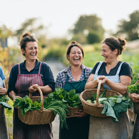 Portrait of happy female gardeners holding wicker baskets full of harvested vegetablesの素材