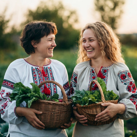 Two women in Ukrainian embroidery with baskets of fresh vegetables.の素材
