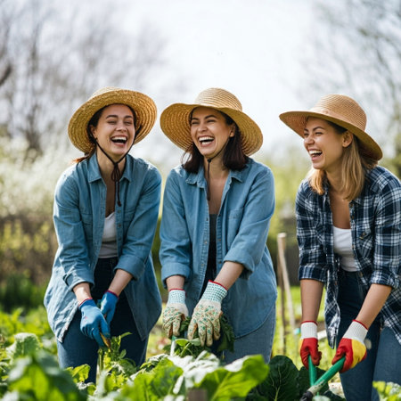 Group of happy young women working in the garden. They are smiling and looking at camera.の素材
