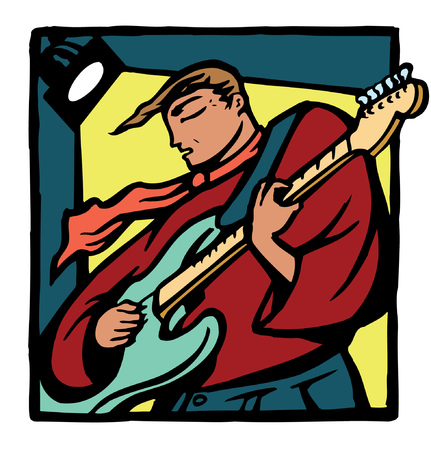 A stylized guitarist performing under stage lights.のイラスト素材