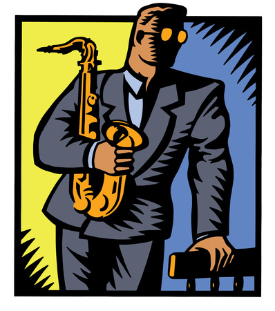 A moody image of a man in a suit holding a saxophone.のイラスト素材