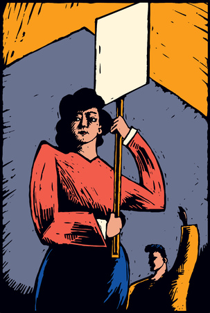A woodcut-style illustration of two protesters. User's message can be added to blank sign.のイラスト素材