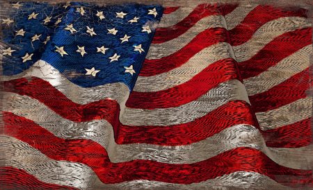 A United States flag with a rustic paint on wood effectの写真素材