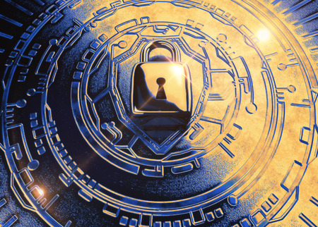 Conceptual cybersecurity image: A 3d modeled rendering of a padlock on a metallic tech backgroundの写真素材