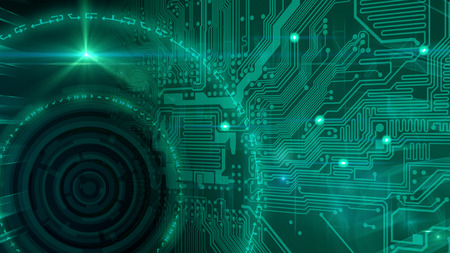 An abstract image with circuit board and concentric circles, representing technology.の写真素材