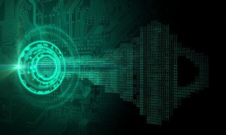 A key formed from binary code goes into an abstract high-tech lock.の写真素材