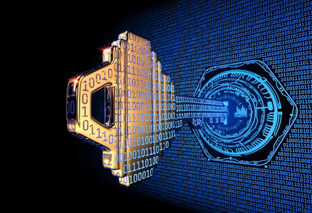 Cybersecurity concept: A 3d rendered illustration of a key morphing into binary code and entering an abstract lock.の写真素材