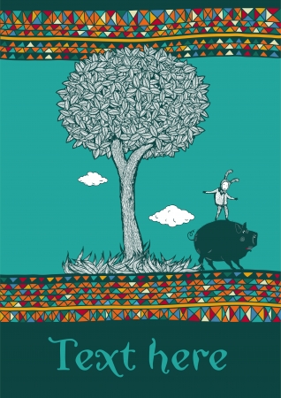Kid and pig play under decorative treeの写真素材