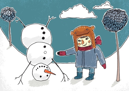Little boy and funny upside down snowman vector illustration  のイラスト素材