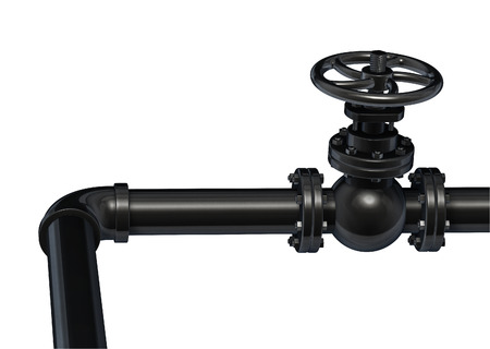 Industrial black pipe with valve 3d illustration isolated on white.の写真素材