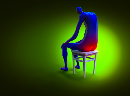Hemorrhoid. Man painfully sitting on a chair. 3D illustrationの写真素材