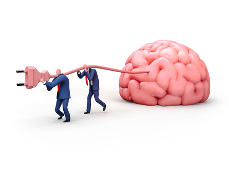 Two men plugging giant brain with electric socket. Business and education concept illustration, 3D renderingの写真素材