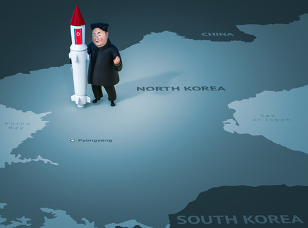 Pyongyang, APRIL 11, 2017: North Korea threatens to use nuclear weapons. Character portrait of Kim Jong Un. 3D illustrationのeditorial素材