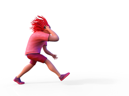 A man in shorts and a T-shirt is walking fast and talking on his mobile phone. 3D renderingの写真素材