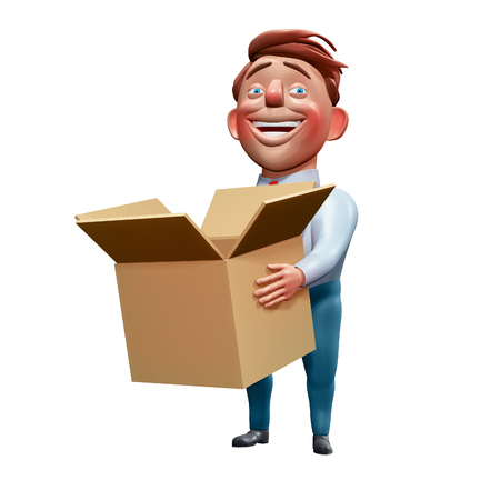 Happy office manager holding carton box cartoon character 3d renderingの写真素材