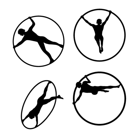 Silhouette of woman practicing Cyr Wheel cirqueのイラスト素材
