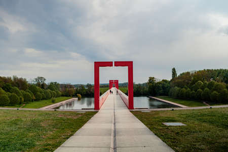 Paris, France 03-05-2021: the major axis red bridge in Cergy during the springのeditorial素材