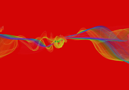 Abstract background with multi-colored wavy lines on a red background.