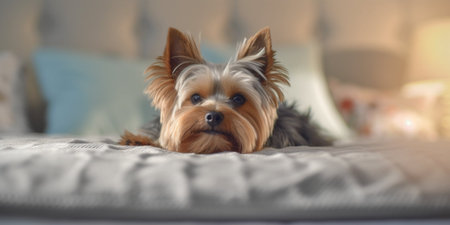 Yorkshire Terrier on the bed. Horizontal photo. Blurred background.の素材