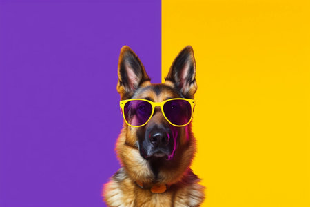German shepherd dog wearing sunglasses on a purple and yellow background with copy spaceの素材