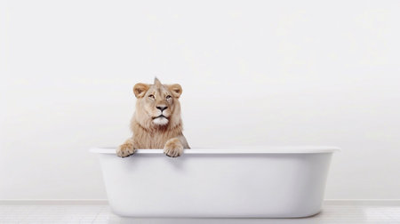 Lion in a bathtub on the background of a white wallの素材