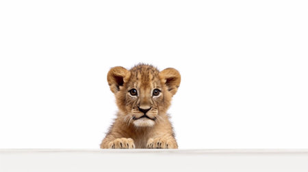 Lion cub (3 weeks) in front of a white backgroundの素材