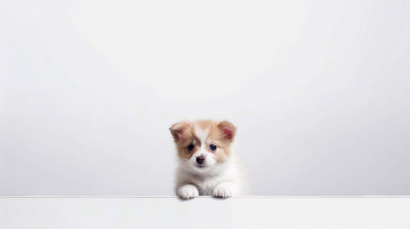 Cute Pomeranian puppy sitting on white background. Isolatedの素材
