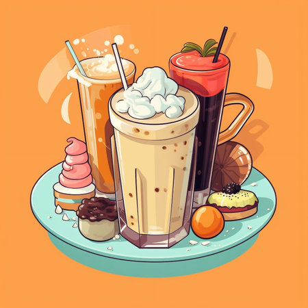 Illustration of milkshake with whipped cream, ice cream and fruit on orange backgroundの素材