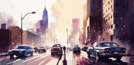 Digital painting of a street in New York City with cars on the roadの素材