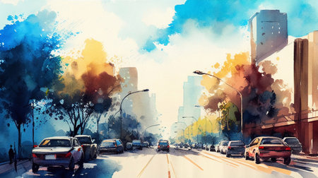 Digital watercolor painting of a street in a big city with cars on the roadの素材