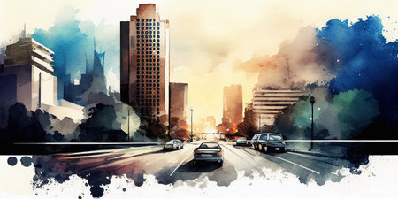 Abstract offices building in the city on watercolor illustration painting background.の素材