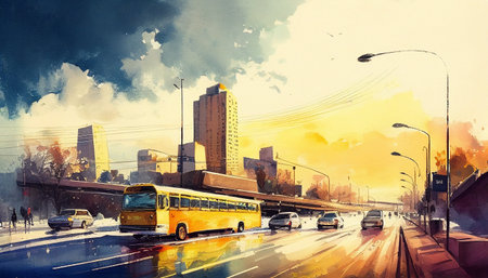 Yellow bus on the road in the city. Digital painting illustration.の素材