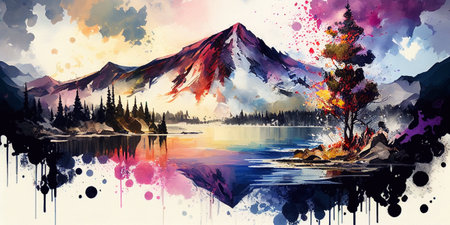 Mountains and lake. Digital watercolor painting. Illustration.の素材