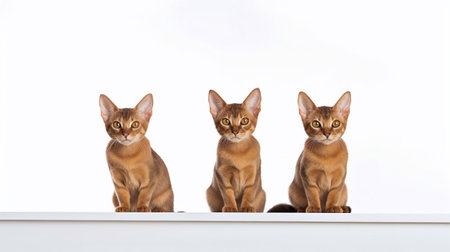 Three Abyssinian cat sitting on a white background. Isolated.の素材