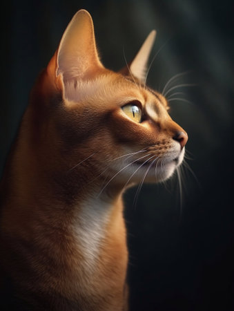 Portrait of a beautiful Abyssinian cat on a dark background.の素材