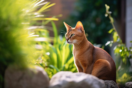 Portrait of a beautiful Abyssinian cat sitting on a stone in the gardenの素材