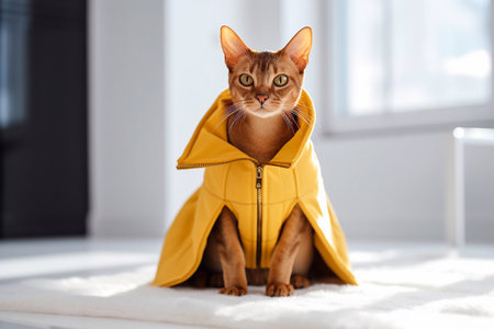 Cute Abyssinian cat in yellow raincoat sitting on windowsillの素材