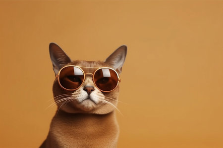 Portrait of a cat with sunglasses on a beige background.の素材