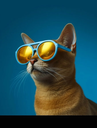 Portrait of a Abyssinian cat in sunglasses on a blue background with a place for textの素材