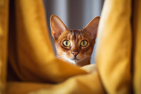 Beautiful Abyssinian cat peeking out from behind the curtains.の素材