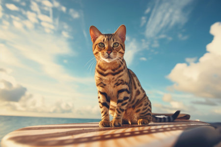 Bengal cat sitting on the board on the sea background.の素材