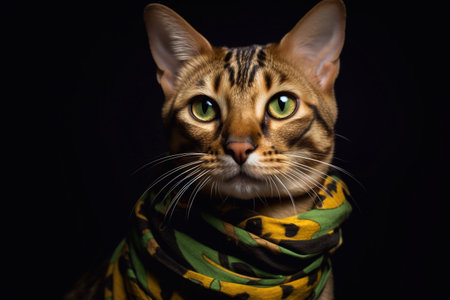 Portrait of a bengal cat with yellow scarf on black backgroundの素材