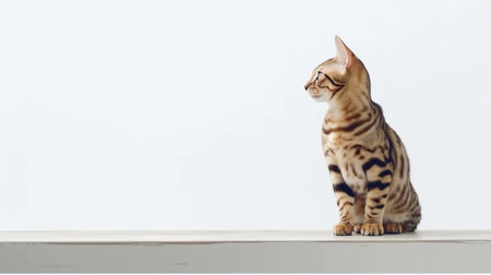 Bengal cat sitting on white background. copy space for textの素材